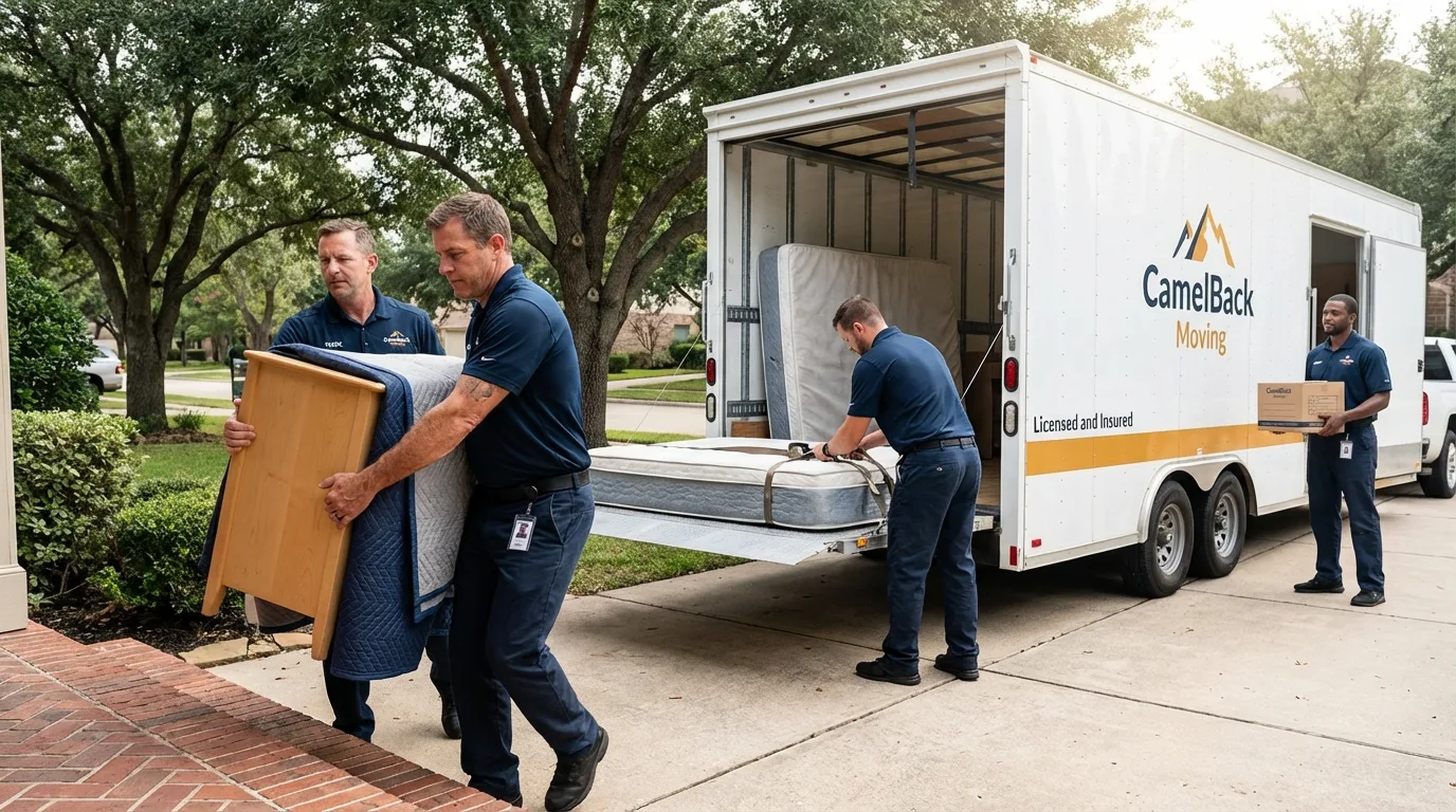 Crew loading residential truck for cross-state move from Broken Bow, OK