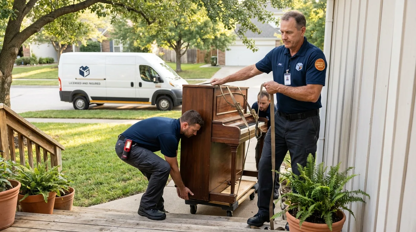 Licensed piano movers securing grand piano in Broken Bow, OK