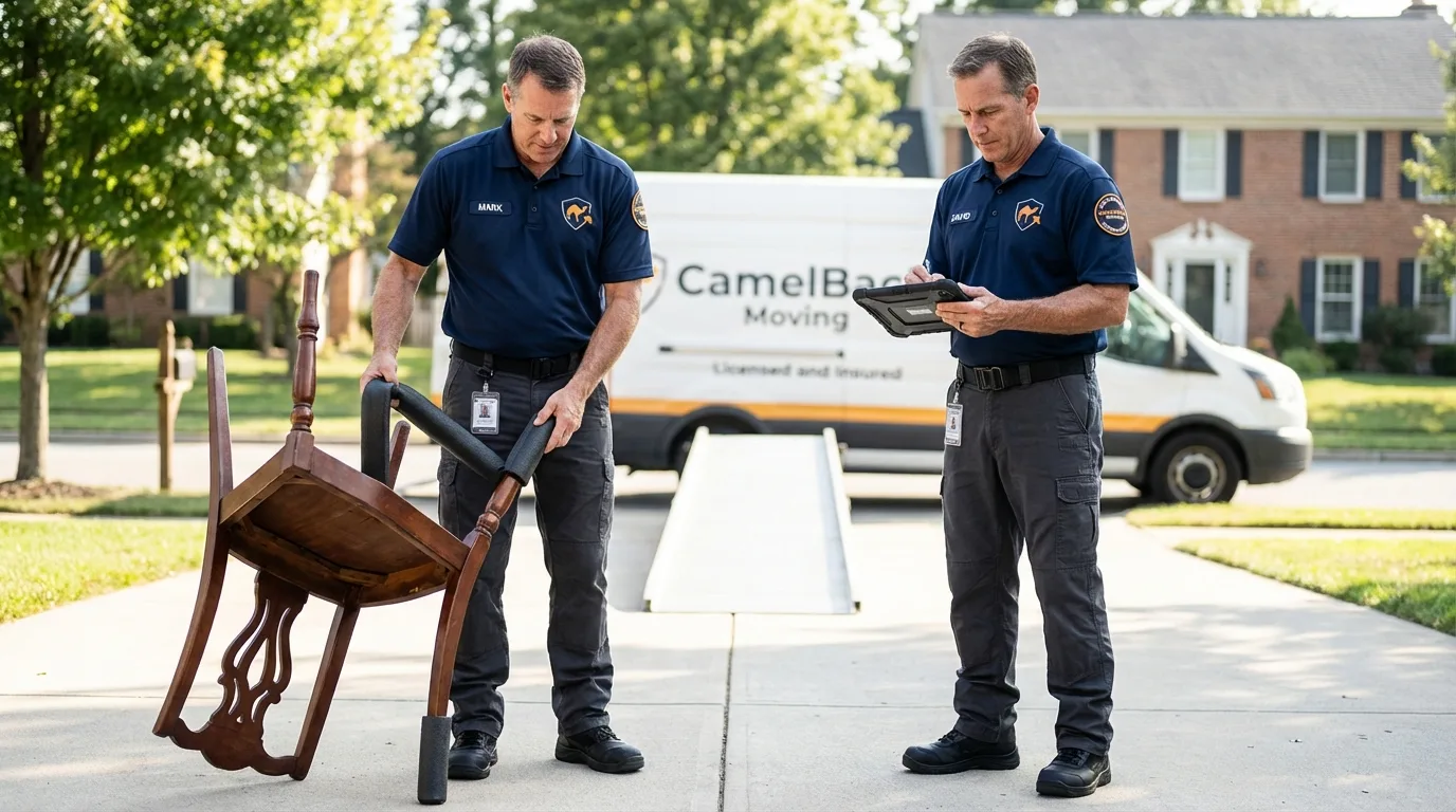 Movers inspecting furniture for damage prevention before loading in Broken Bow, OK