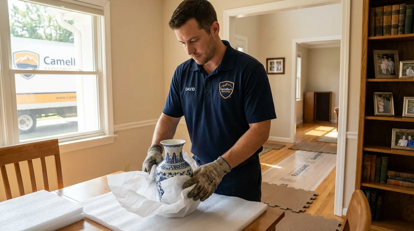 Professional crew carefully wrapping antique vase for senior downsizing move in Broken Bow, OK